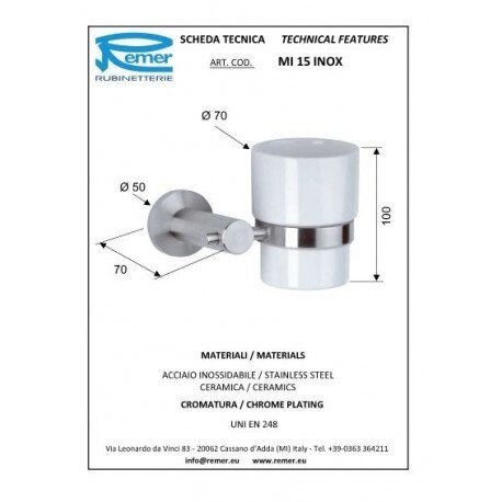 Стакан матовый, Remer Minimal INOX, Mi15INOXCR