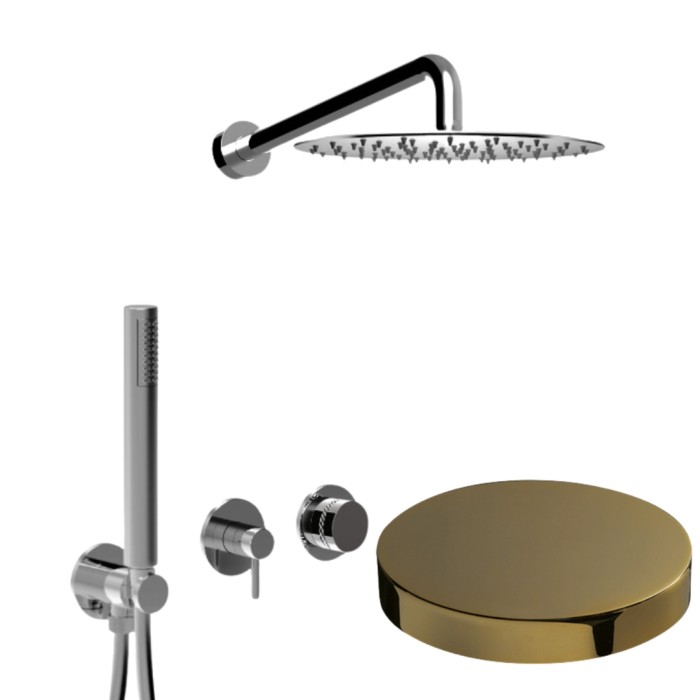 Встраиваемый душевой комплект на 2 режима, однорычажный, с поворотным переключателем, ручной душ, кронштейн, верхний душ d25 см, Giulini My ring deluxe, золото арт. MR0086DLO