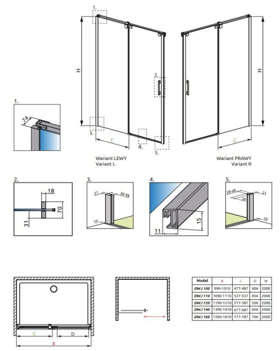 Душевая дверь внишу Radaway Espera DWJ R 120х200см, стекло 8мм прозрачное, правая, раздвижная, хром