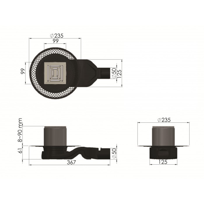 Душевой трап BERGES PLATZ Uno 100х100, матовый хром, S-сифон D50 H60, арт.090169