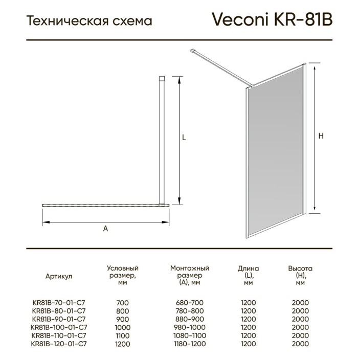 Душевая перегородка 1200x2000, Veconi Korato, черный, стекло прозрачное арт. KR81B-120-01-C7