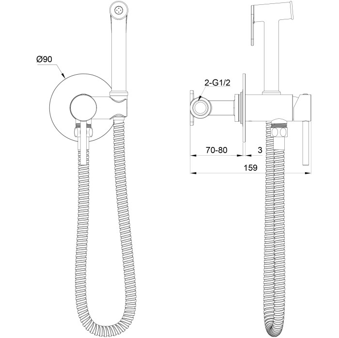 Смеситель с гигиеническим душем встраиваемый, Wonzon & Woghand Stick, WW-88829902-BGM цвет: графит