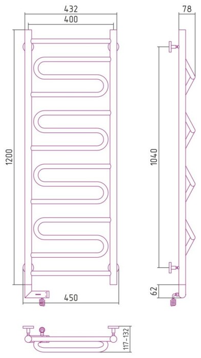Сунержа Электрический полотенцесушитель 1000x300, Элегия 2.0, 00-5218-1240 цвет: без покрытия