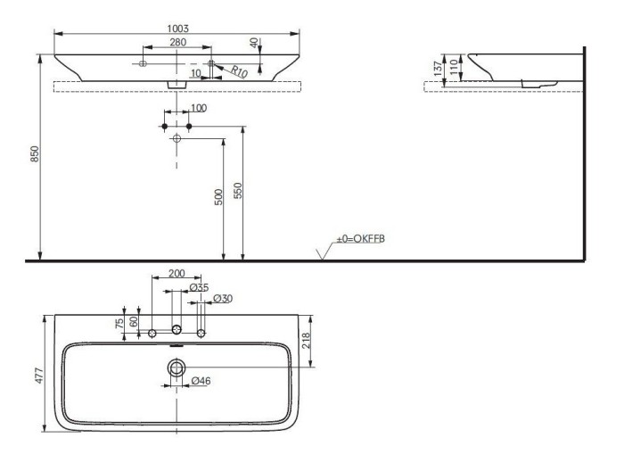 Раковина 100х45 см, накладная, MH TOTO, LW10417G цвет: белый