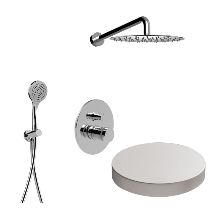 Встраиваемый комплект для душа со смесителем на 2 режима, дивертер-кнопка, ручной душ, кронтштейн, верхний душ d25, Giulini My ring, белый матовый арт. MR0079BO