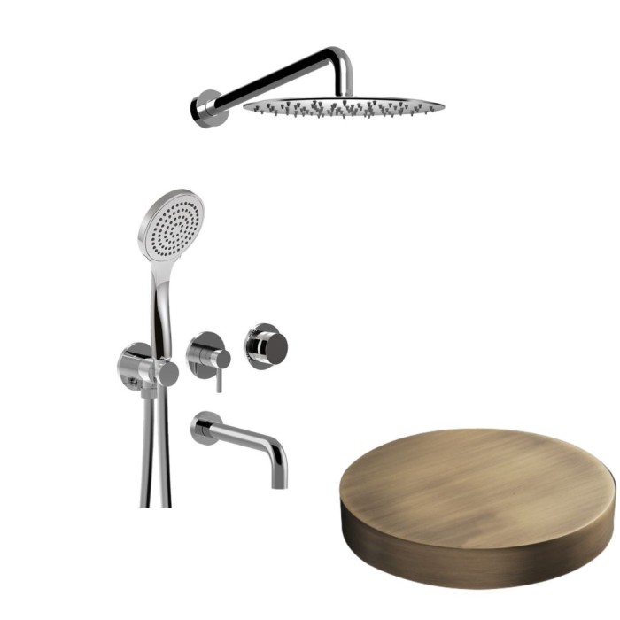 Bстраиваемый душевой комплект на 3 режима, однорычажный, с поворотным переключателем, ручной душ, излив, кронштейн, верхний душ d25 см, Giulini My ring, бронза матовая арт. MR0093BROP