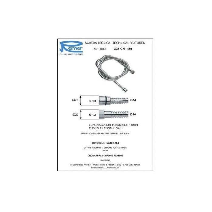 Шланг для душа 150 см черный глянцевый, Remer, 333CN150CFP
