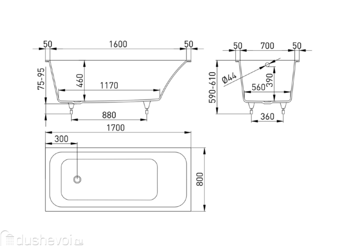 Ванна встраиваемая 170x80, матовая, Salini ORLANDA KIT арт. 102126M