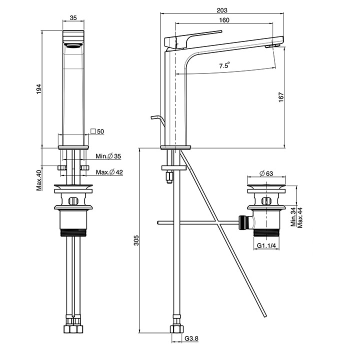 Fima Carlo Frattini Смеситель для раковины, на 1 отв, донный клапан, h167мм излив 160мм, Fit, F3381LCR цвет: хром
