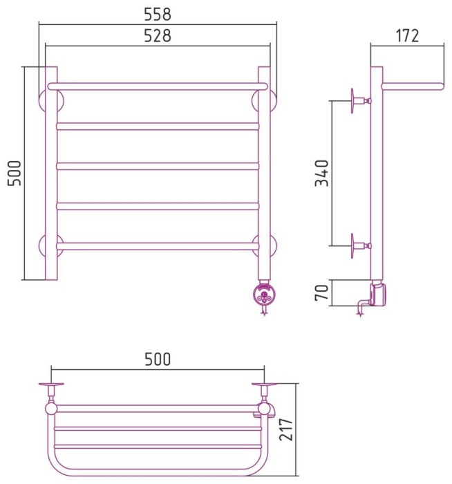 Стилье Электрический полотенцесушитель 500x500, Формат 20, 00520-5050 цвет: без покрытия