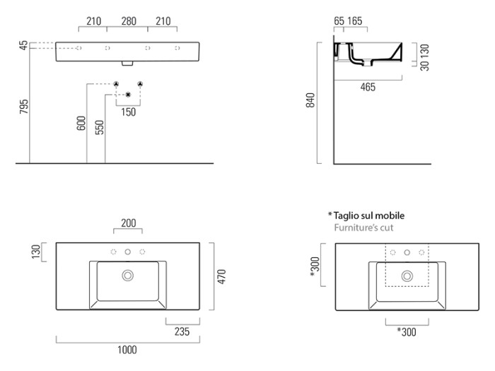 Подвесная раковина 100х47х16 см, глянцевая, санфарфор, Kube-x GSI арт. 9451111