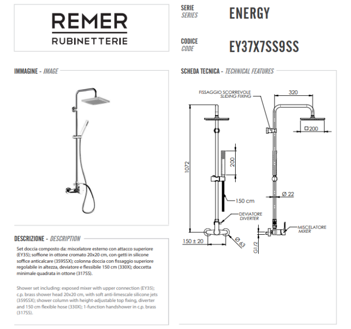 Душевая система золото глянцевый, Remer Energy, внешнего монтажа EY37X7SS9SSDO