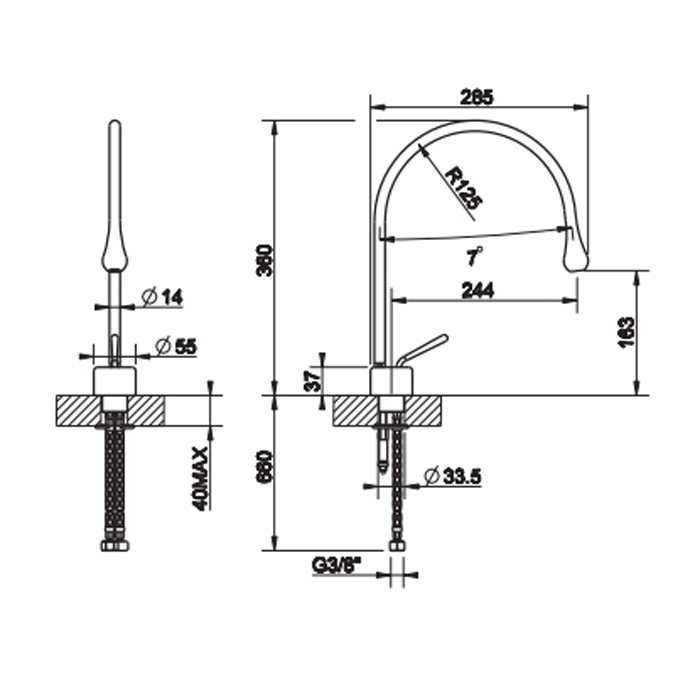 Смеситель для раковины на 1 отверстие, излив 244мм R=125, с фиксированным носиком, Gessi Goccia, хром арт. 33803#031