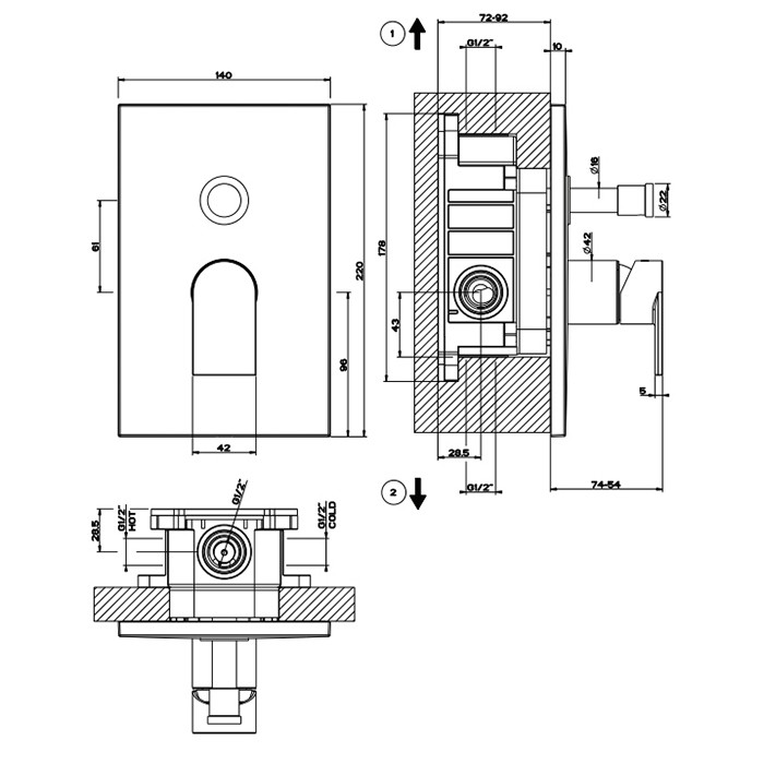 Смеситель для душа, встраиваемый, на 2 выхода с переключателем ванна-душ, Gessi Emporio Via manzoni, black xl арт. 44634#299