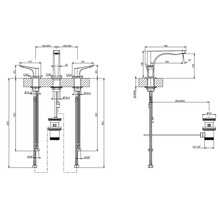 Смеситель для раковины на 3 отв. с донным клапаном h=125мм, излив 154мм, Gessi Rilievo, хром арт. 59011#031