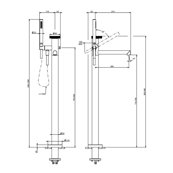 Смеситель для ванны, напольный, с ручным душем и шлангом 150см., внешняя часть, Gessi Anello, finox brushed nickel арт. 63328#149