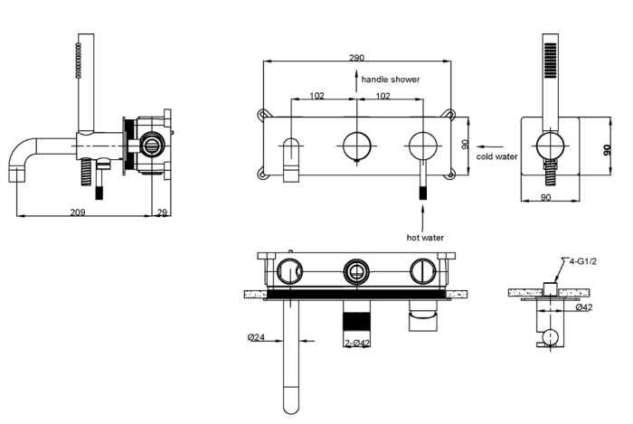 Смеситель для ванны Boheme Uno встраиваемый цвет Gun Metall арт. 464-3-GM