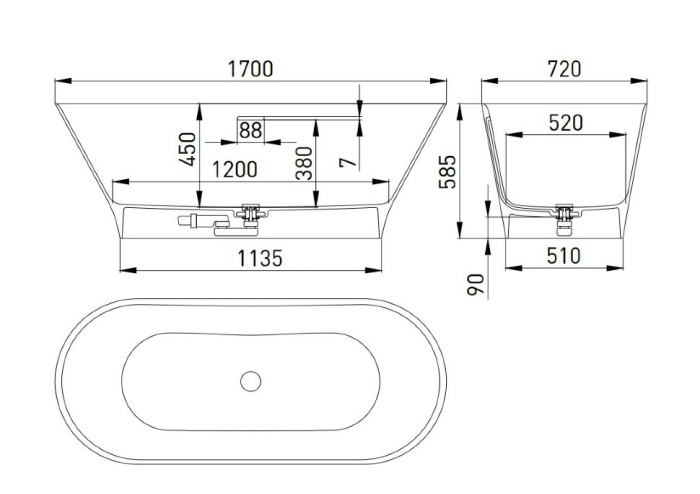 Ванна отдельностоящая 170x72, глянцевая, Salini MONA170х72RAL арт. 102912GRF