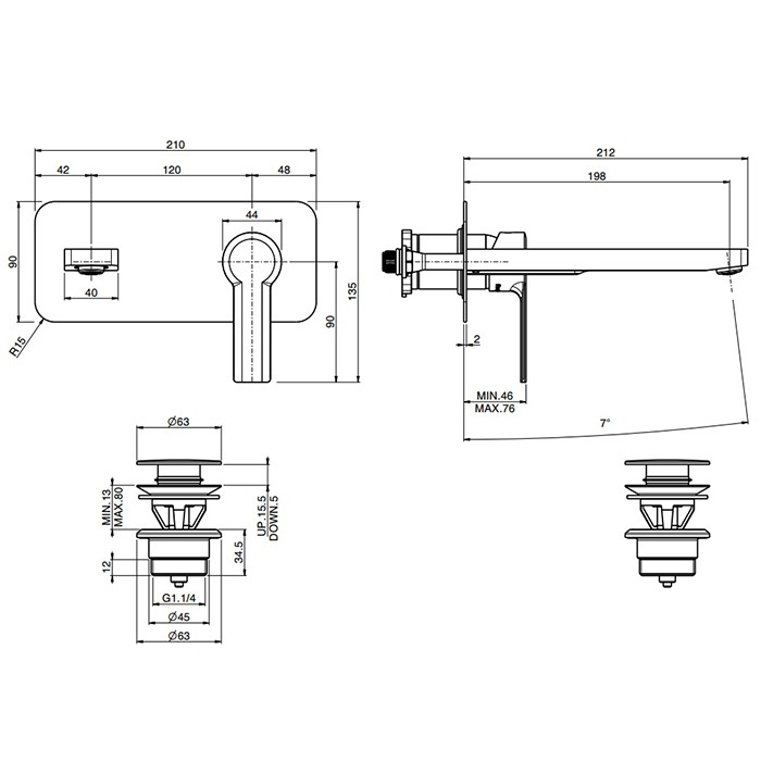 Fima Carlo Frattini Cмеситель для раковины, встраиваемый, излив: 19.9см., Mast, F3141WLX5OR цвет: золото