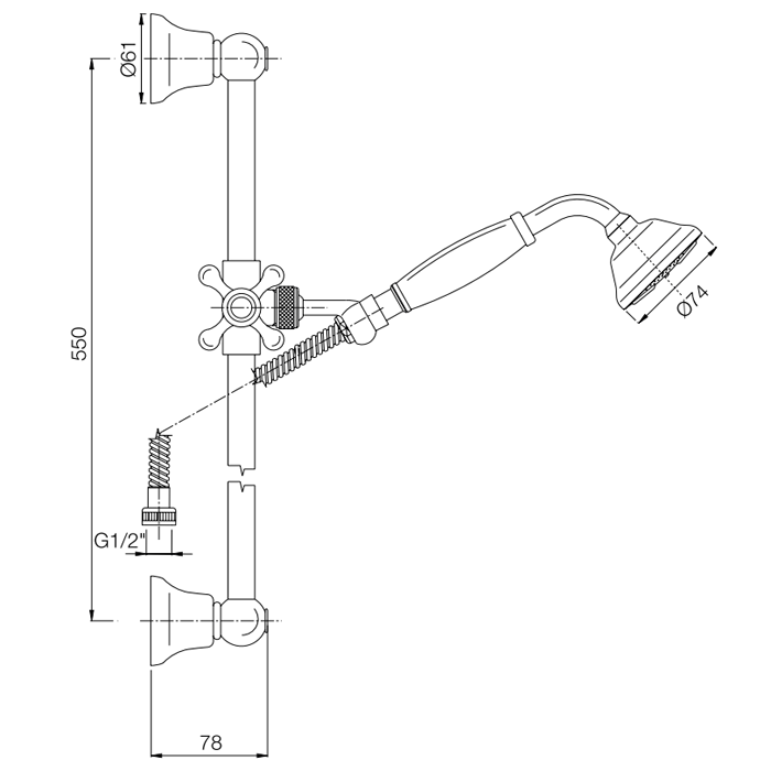 Fima Carlo Frattini Душевой гарнитур, в комплекте: стойка, шланг 1500 мм, держатель для лейки, лейка, Herend, F2044/3CR цвет: хром