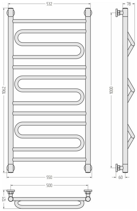 Сунержа Водяной полотенцесушитель 1000x500, Элегия+, 00-0205-1050 цвет: без покрытия