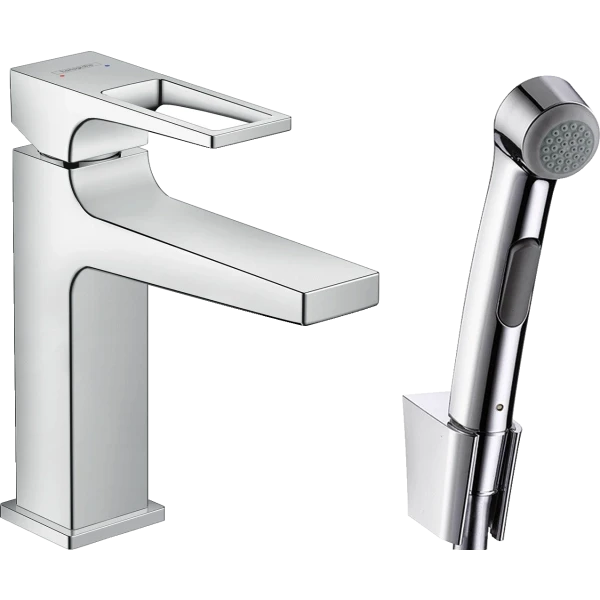 Смеситель для раковины со сливным гарнитуром и гигиеническим душем, Hansgrohe Metropol, хром арт. 74522000