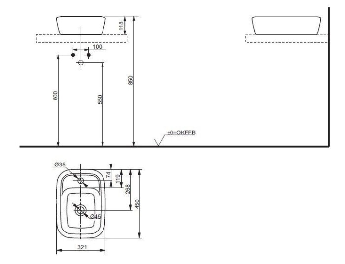 Раковина 45х33, накладная, NC/R TOTO, LW10019G цвет: белый
