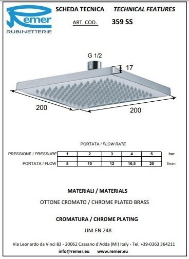 Верхний душ с шарнирным соединением 20 см золото глянцевый, Remer, 359SSDOx