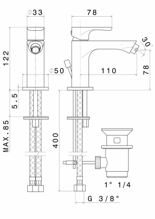 Смеситель однорычажный для биде с донным клапаном 3/8, Ole Kerama Marazzi, хром - 69425KM.21.018