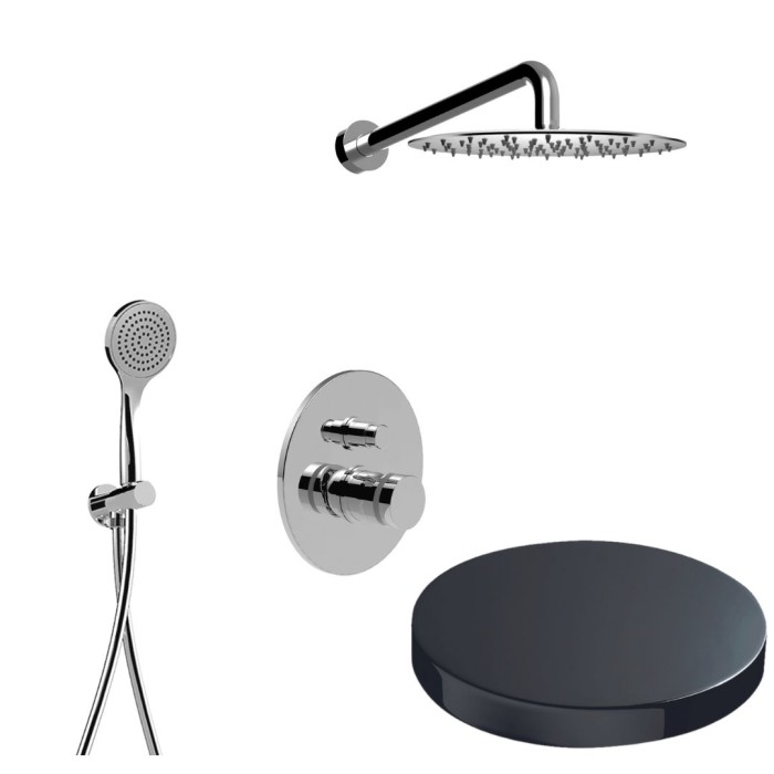 Встраиваемый комплект для душа со смесителем на 2 режима, дивертер-кнопка, ручной душ, кронтштейн, верхний душ d25, Giulini My ring, хром черный глянц арт. MR0079CRN