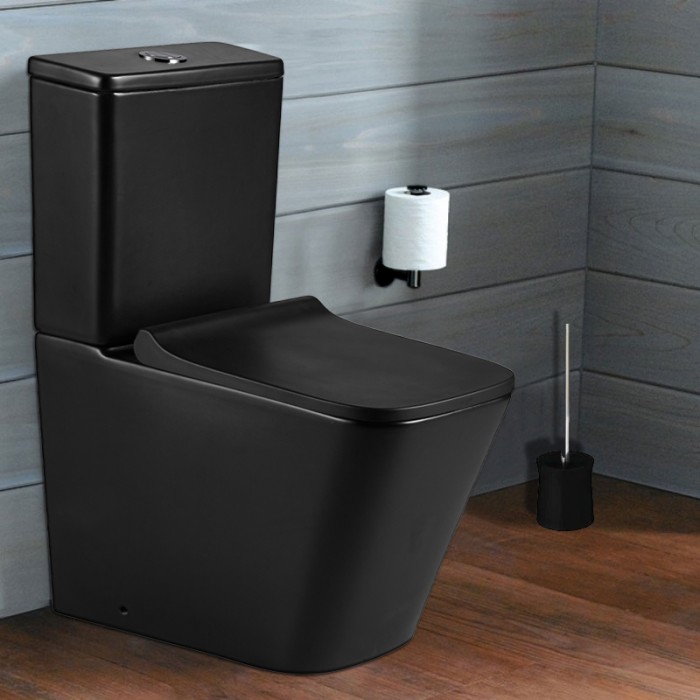 Унитаз-компакт 605x340x810 напольный, безободковый с сидением микролифт и арматурой, чёрный матовый, Azario Quadro арт. AZ-2175-MB
