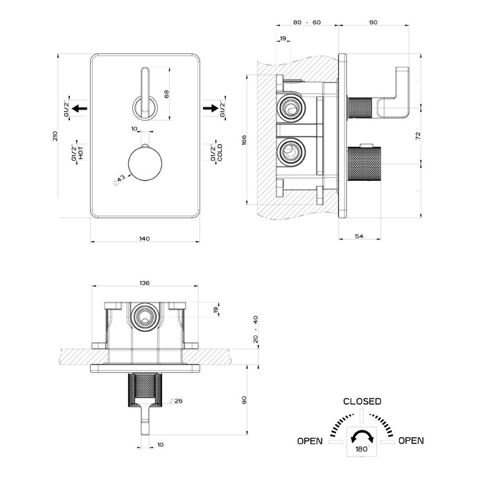 Встраиваемый термостатический смеситель на 2 источника, резьба 1/2", Gessi Inciso, finox арт. 58134#149