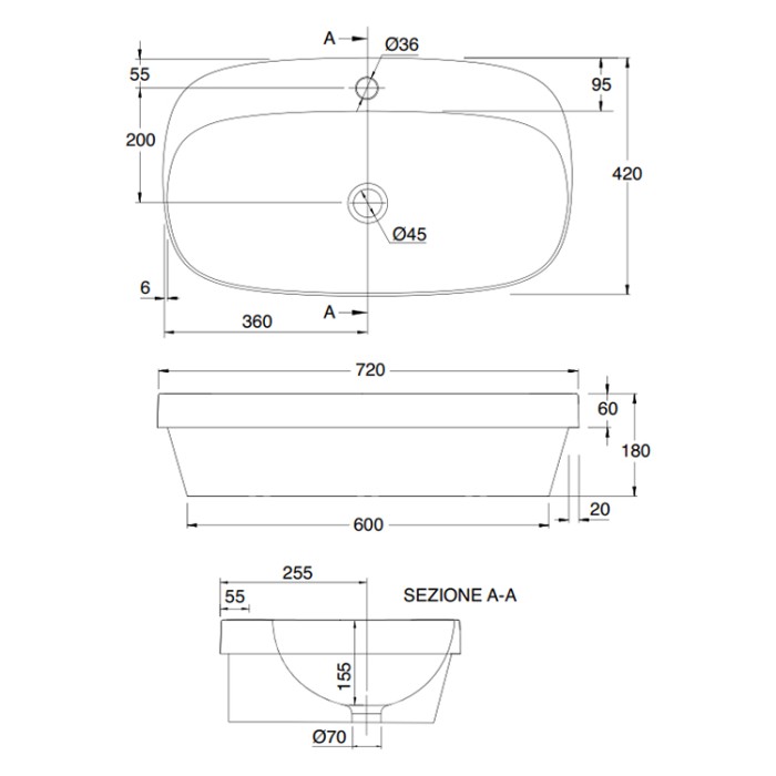 Раковина встраиваемая сверху без перелива с одним отверстием, цвет черный матовый с антибактериальным и грязеотталкивающим покрытием BIOKER 49, Scarabeo Moon - 5512 49 BK