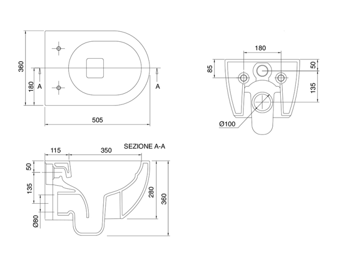 Унитаз подвесной, безободковый, цвет белый, Scarabeo MOON - 5520/CL