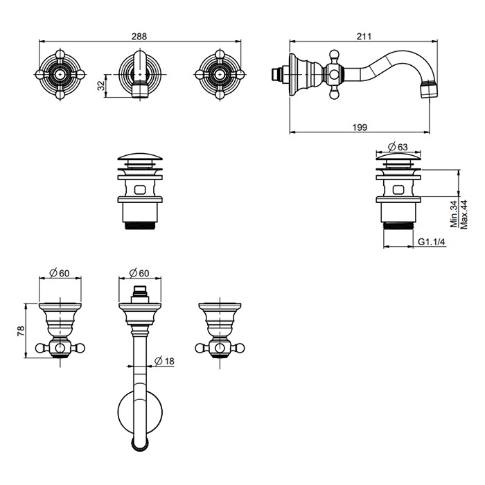 Fima Carlo Frattini Смеситель для раковины, встраиваемый, излив: 19.9см., Elizabeth, F5081L/5OR цвет: золото