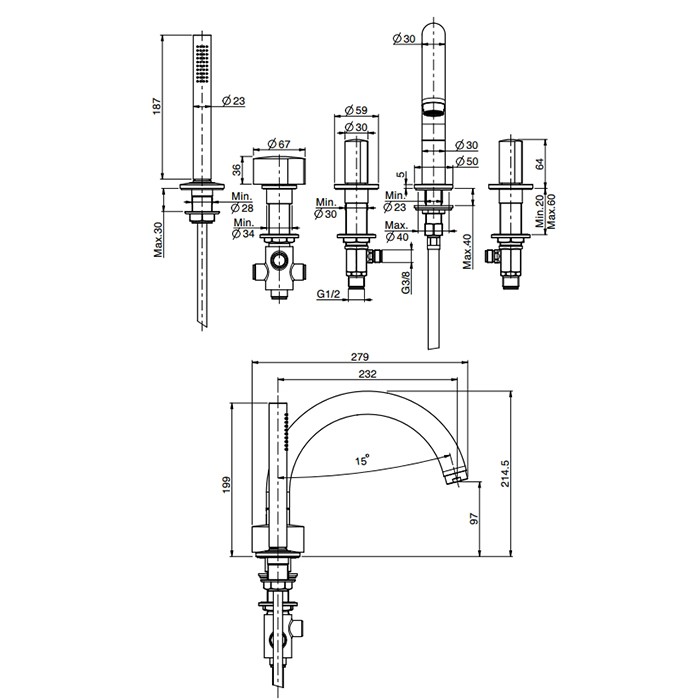 Fima Carlo Frattini Смеситель на борт ванны, с 5 отв., с ручным душем, So, F3174OR цвет: золото