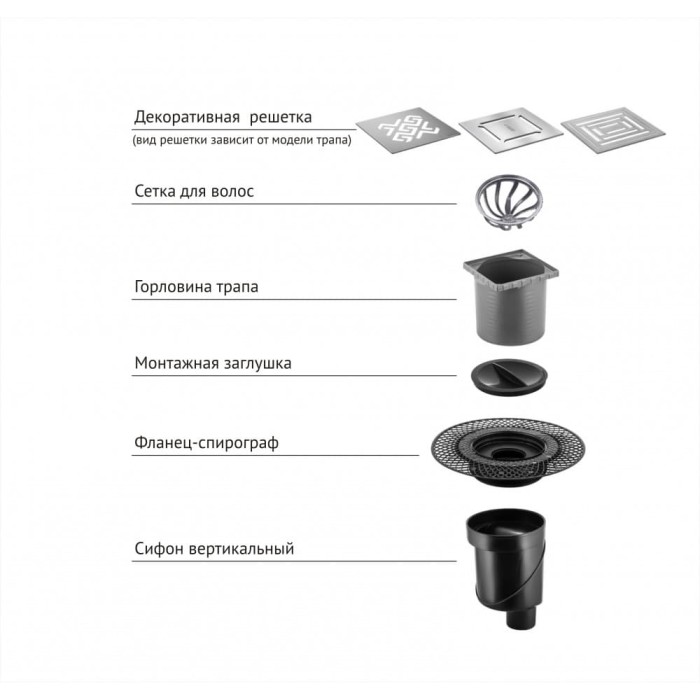 Душевой трап BERGES PLATZ Uno 150х150, матовый хром, S-сифон D50/105 H50, арт.090070