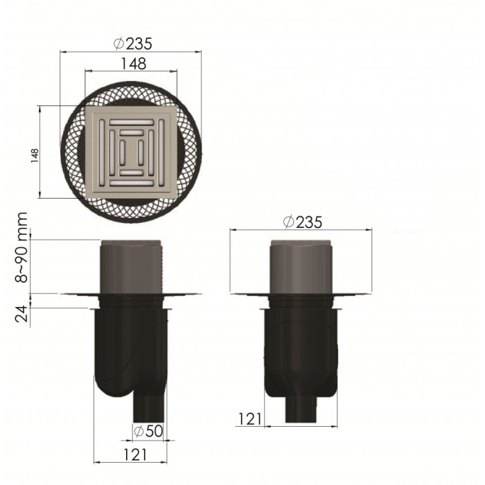 Душевой трап BERGES PLATZ Uno 150х150, матовый хром, S-сифон D50/105 H50, арт.090070