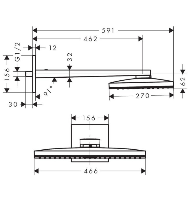 Верхний душ с настенным кронштейном Rainmaker Select Hansgrohe, белый, хром арт. 24013400