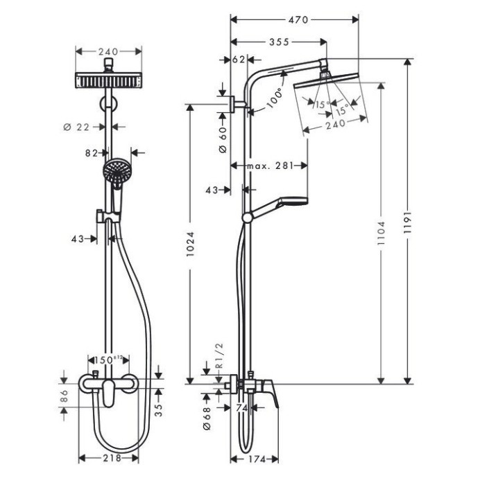 Душевая система со смесителем для душа Crometta E Hansgrohe, хром арт. 27284000