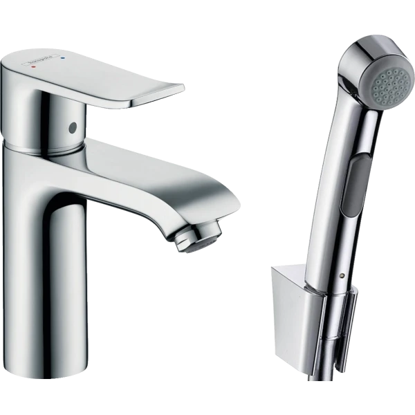 Смеситель для раковины со сливным гарнитуром и гигиеническим душем, Hansgrohe Metris, хром арт. 31285000