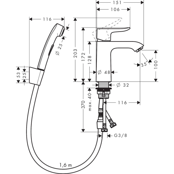 Смеситель для раковины со сливным гарнитуром и гигиеническим душем, Hansgrohe Metris, хром арт. 31285000