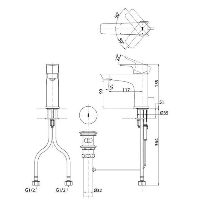Смеситель для раковины, GE TOTO, TLG07301R цвет: хром