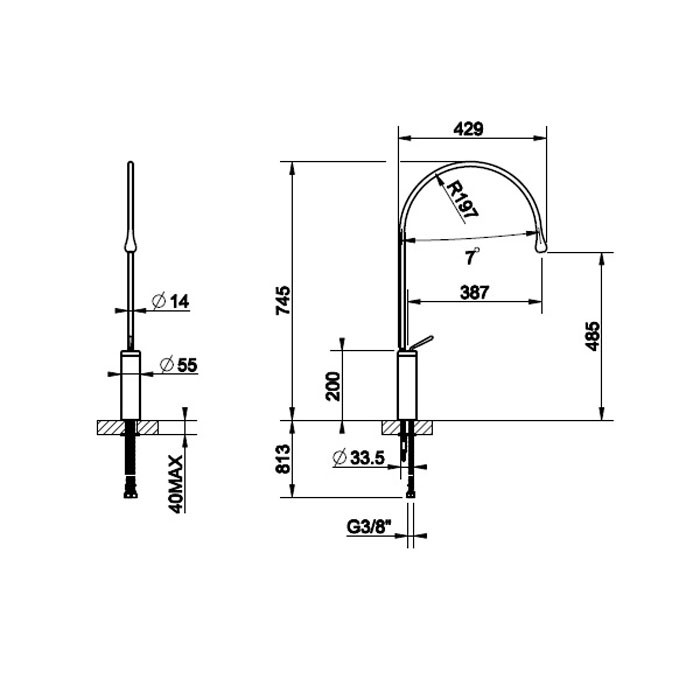 Смеситель для раковины на 1 отверстие, излив 387мм R=197, с фиксированным носиком, Gessi Goccia, черный арт. 33811#299