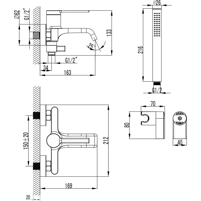 Смеситель для ванны и душа с ручным душем, керамический картридж, черный, Azario VINCENTE арт. AZ-VRZ2338326PA