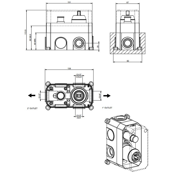 Встраиваемая часть для смесителя на 2 выхода, Gessi Emporio Via manzoni, хром арт. 38669#031