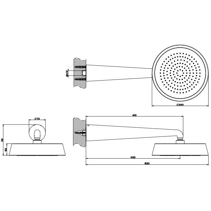 Верхний душ d24 см, с настенным держателем 40 см, Gessi Cono, хром арт. 45151#031