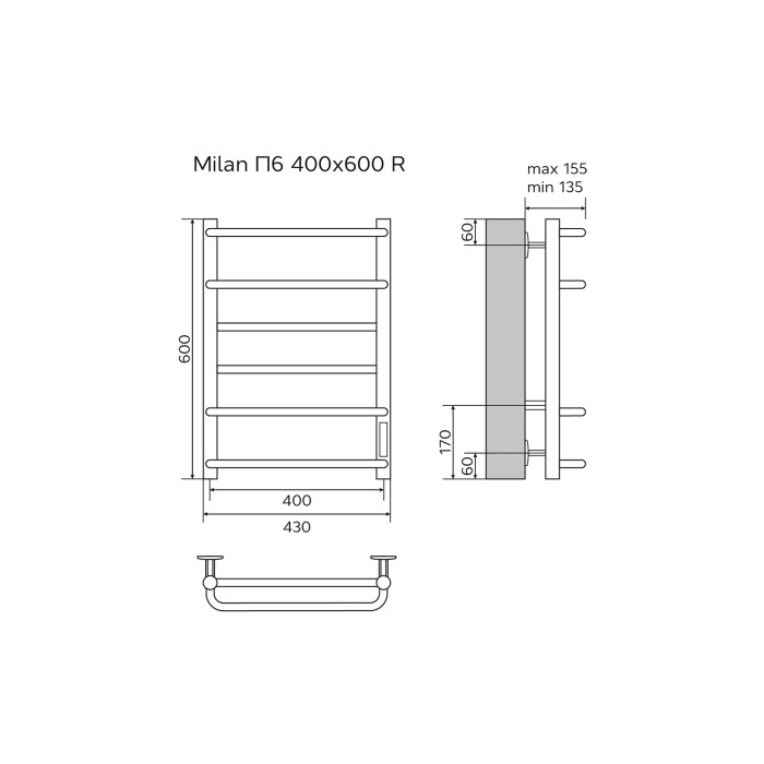 Полотенцесушитель электрический 400/600 6 секций, диммер справа, белый, Milan Azario - AZ90846W