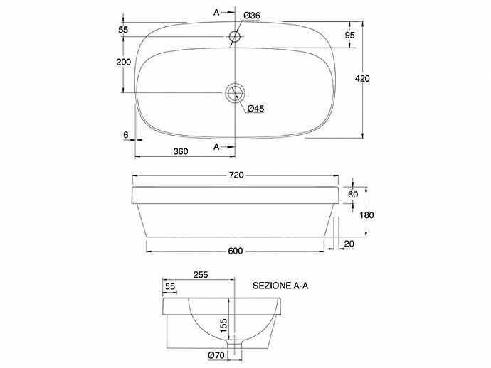 Раковина встраиваемая сверху без перелива с одним отверстием, цвет белый матовый, Scarabeo Moon - 5512 41