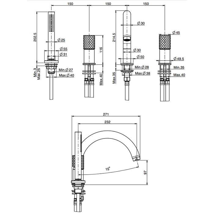 Fima Carlo Frattini Смеситель на борт ванны, на 4 отв., с ручным душем., Spillo Tech, F3044TNXCR цвет: хром